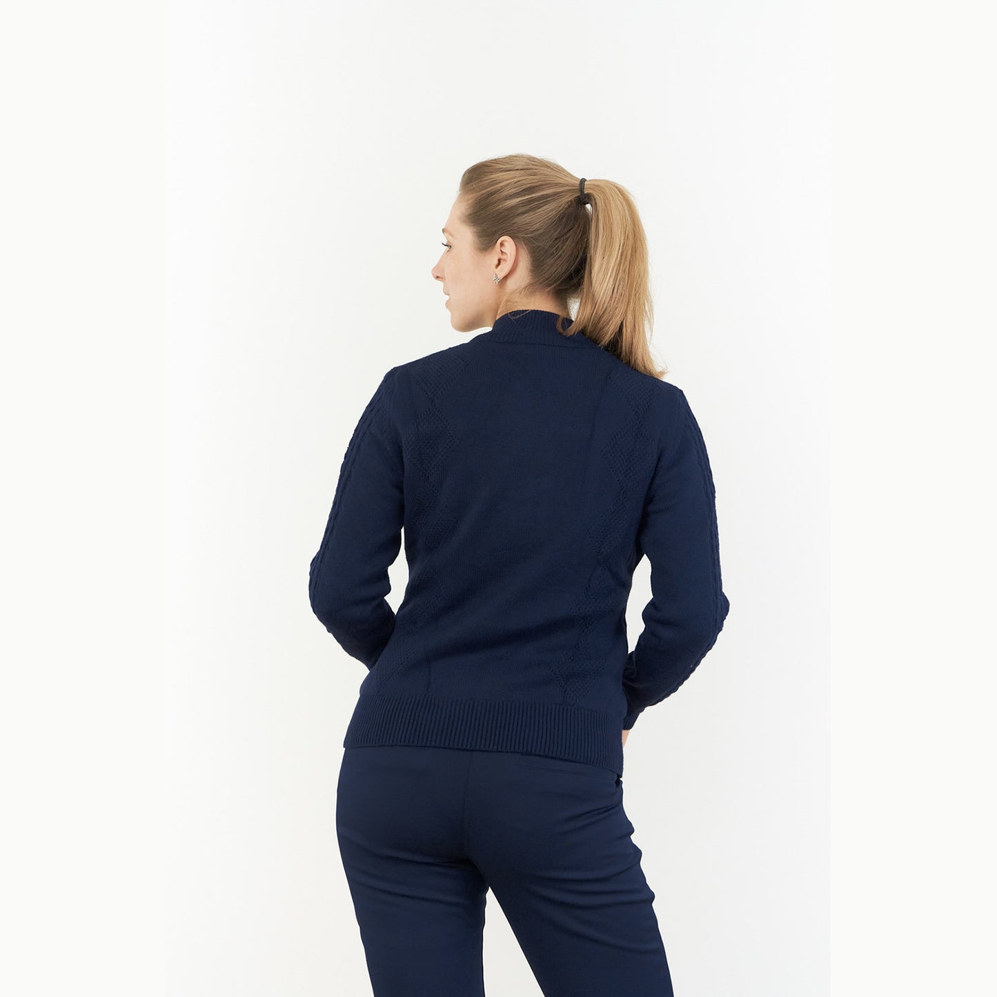 Pure Ladies Lined Zip-Neck Golf Sweater with Cable Knit Design in Navy