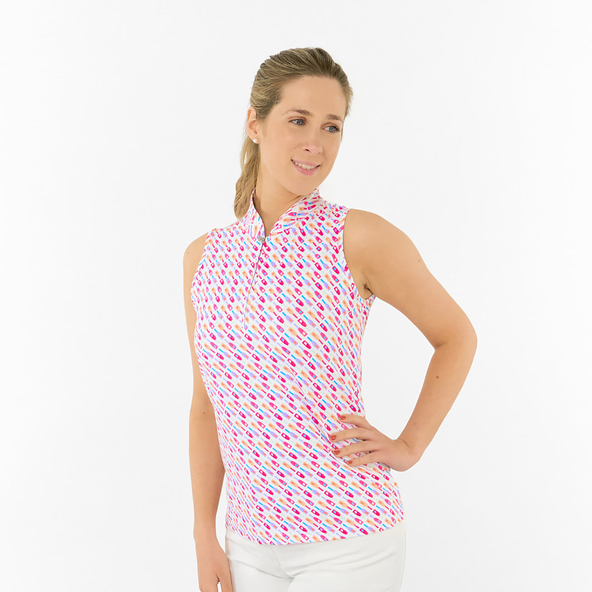 Pure Golf Ladies Sleeveless Polo in Fun Bottle Print – Cheerful Charm Meets Course-Ready Performance