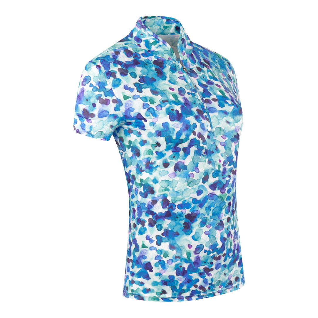 Pure Golf Cap Sleeve Zip Neck Top in Dappled Ocean Print