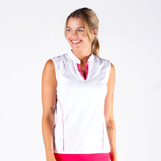 Nivo Ladies White & Dotty Print Sleeveless Polo - Last One Large Only Left