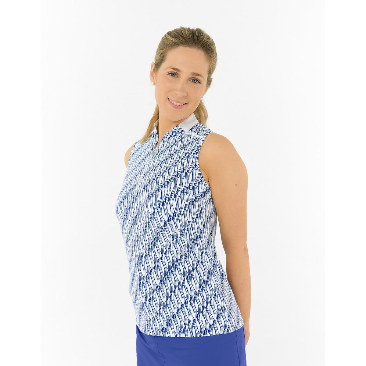 Pure Golf Ladies Sleeveless Polo with Abstract Wave Print for Standout Style on the Course