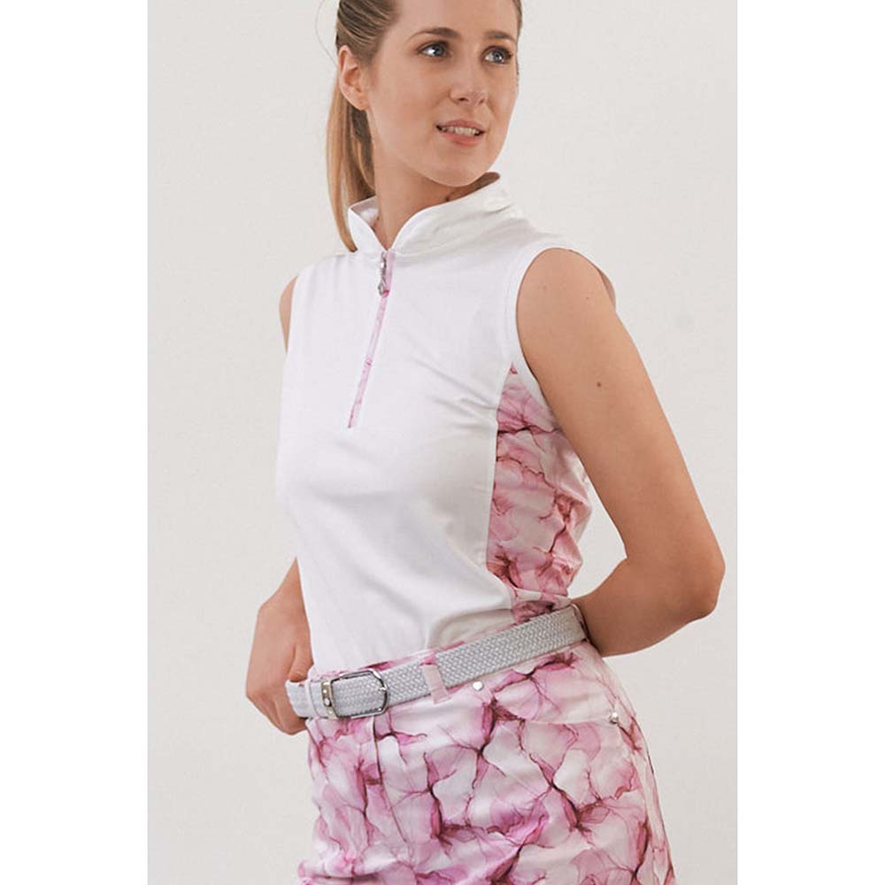 Pure Golf Ladies White & Pink Blossom Print Sleeveless Polo Shirt - Large Only Left