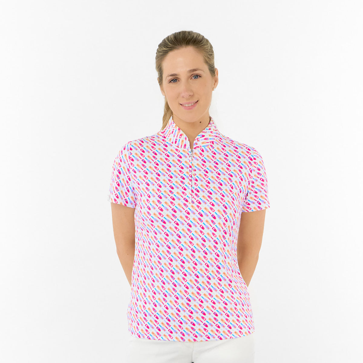 Pure Ladies Short Sleeve Polo in Fun Bottle Print for Playful Style & Comfortable Wear