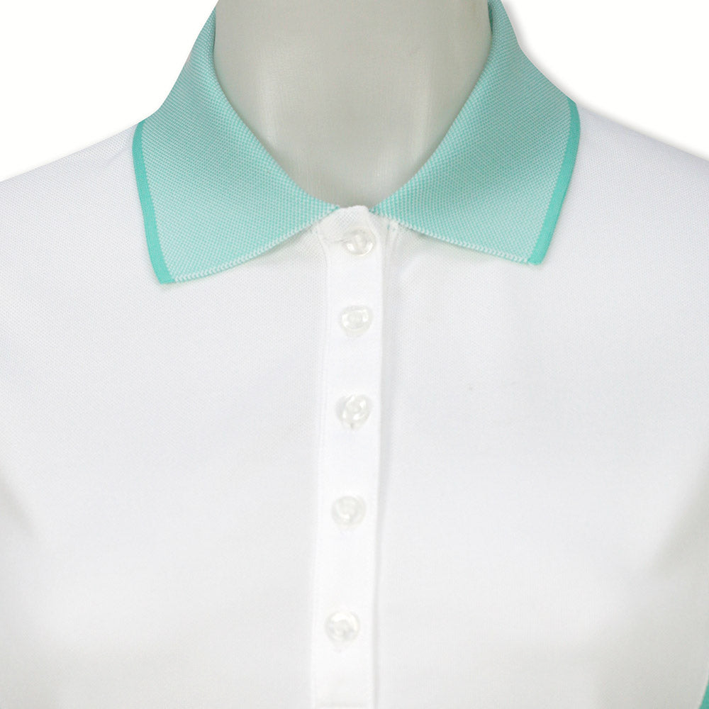 Glenmuir Ladies Short Sleeve Polo with Birdseye Rib Collar in White/Marine Green