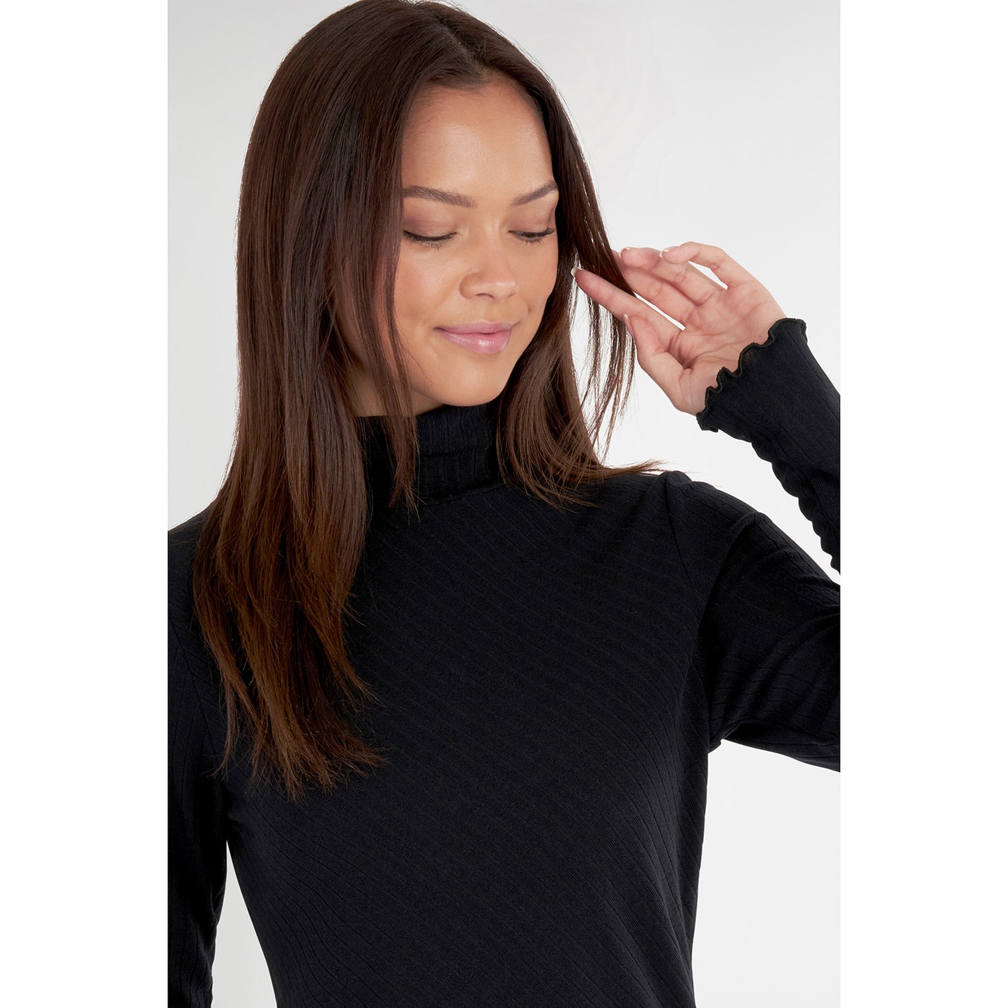 Green Lamb Womens Soft-Stretch Roll Neck in Black with Diagonal Rib Detail