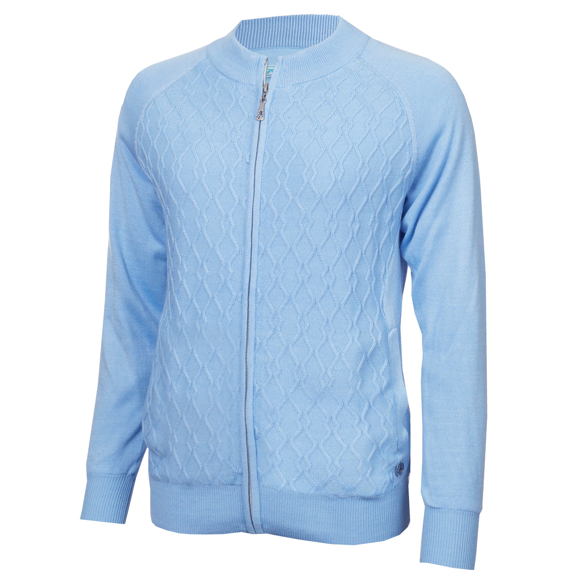 Green Lamb Ladies Lined Windstopper Cardigan with ZigZag Stitch Front Panel in Ice Blue