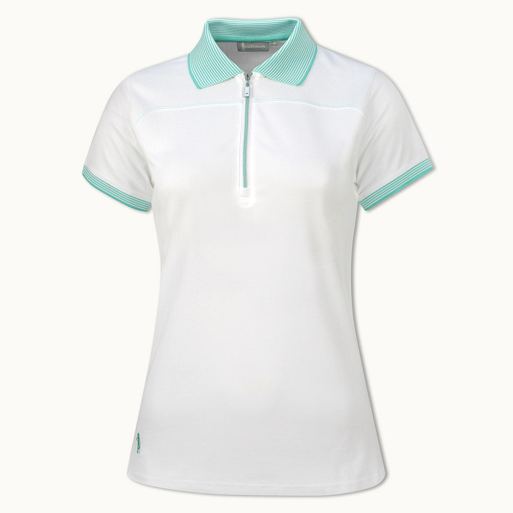 Glenmuir Short Sleeve Zip-Neck Pique Polo Shirt with UPF50 in White/Marine Green