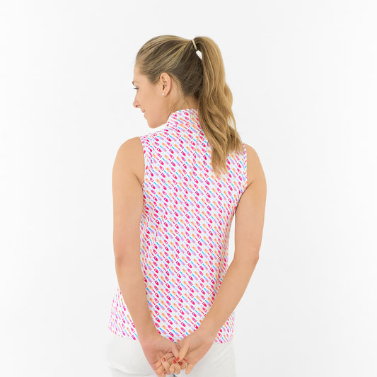 Pure Golf Ladies Sleeveless Polo in Fun Bottle Print – Cheerful Charm Meets Course-Ready Performance