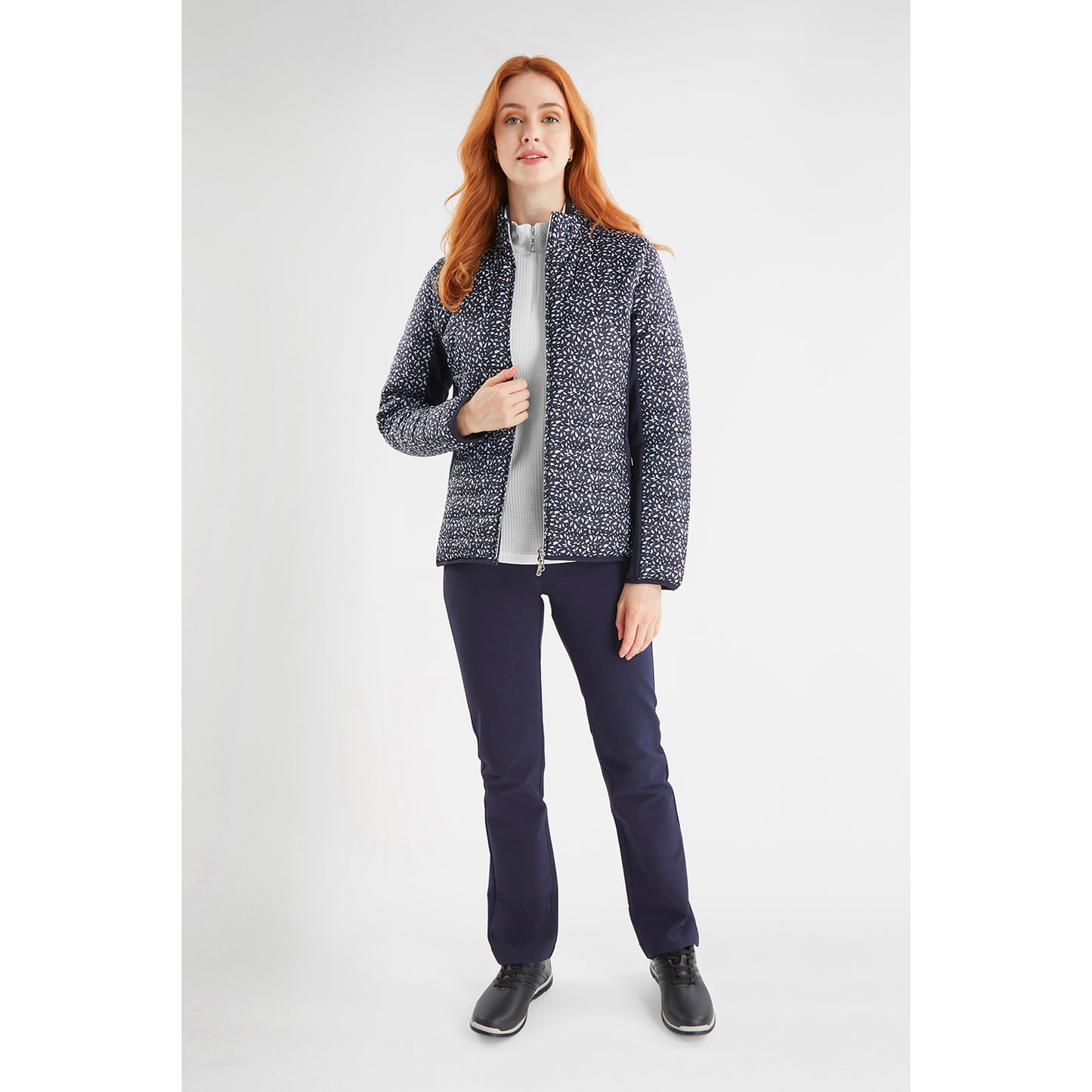 Green Lamb Ladies Quilted Jacket with Stretch Panels in Navy Stencil Print