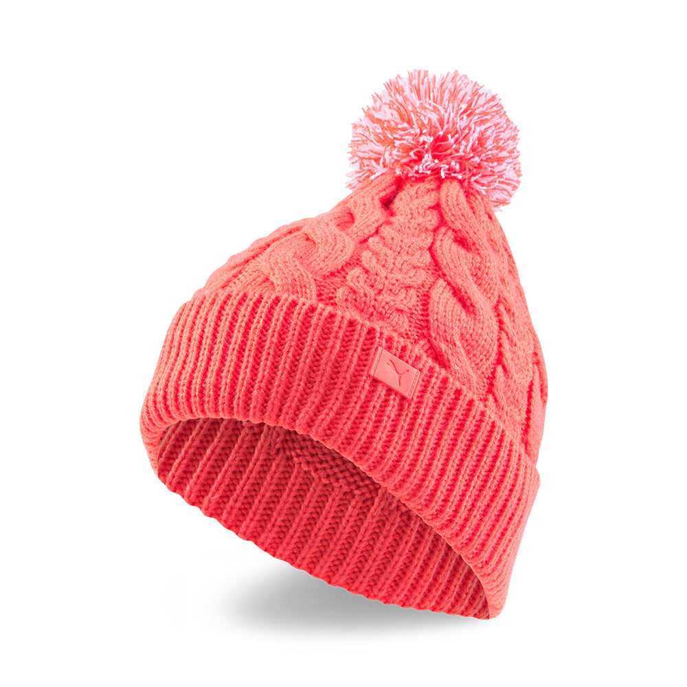 Puma Ladies Cable Knit Pompom Beanie in Carnation Pink & Bright White