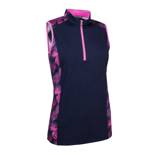 Glenmuir Ladies Sleeveless Polo with Contrast Tropical Print Panels in Navy Blue & Hot Pink 