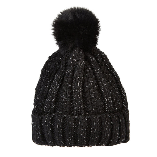Swing Out Sister Ladies Knitted Bobble Hat in Pitch Black & Silver
