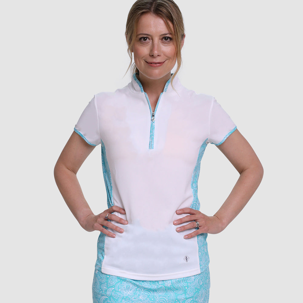 Pure Golf Ladies Cap Sleeve Polo in White & Ocean Blue Paisley Print