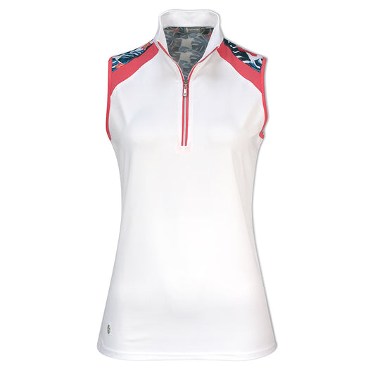 Glenmuir Ladies Sleeveless Polo in White & Cobalt Tropical Print with UPF50