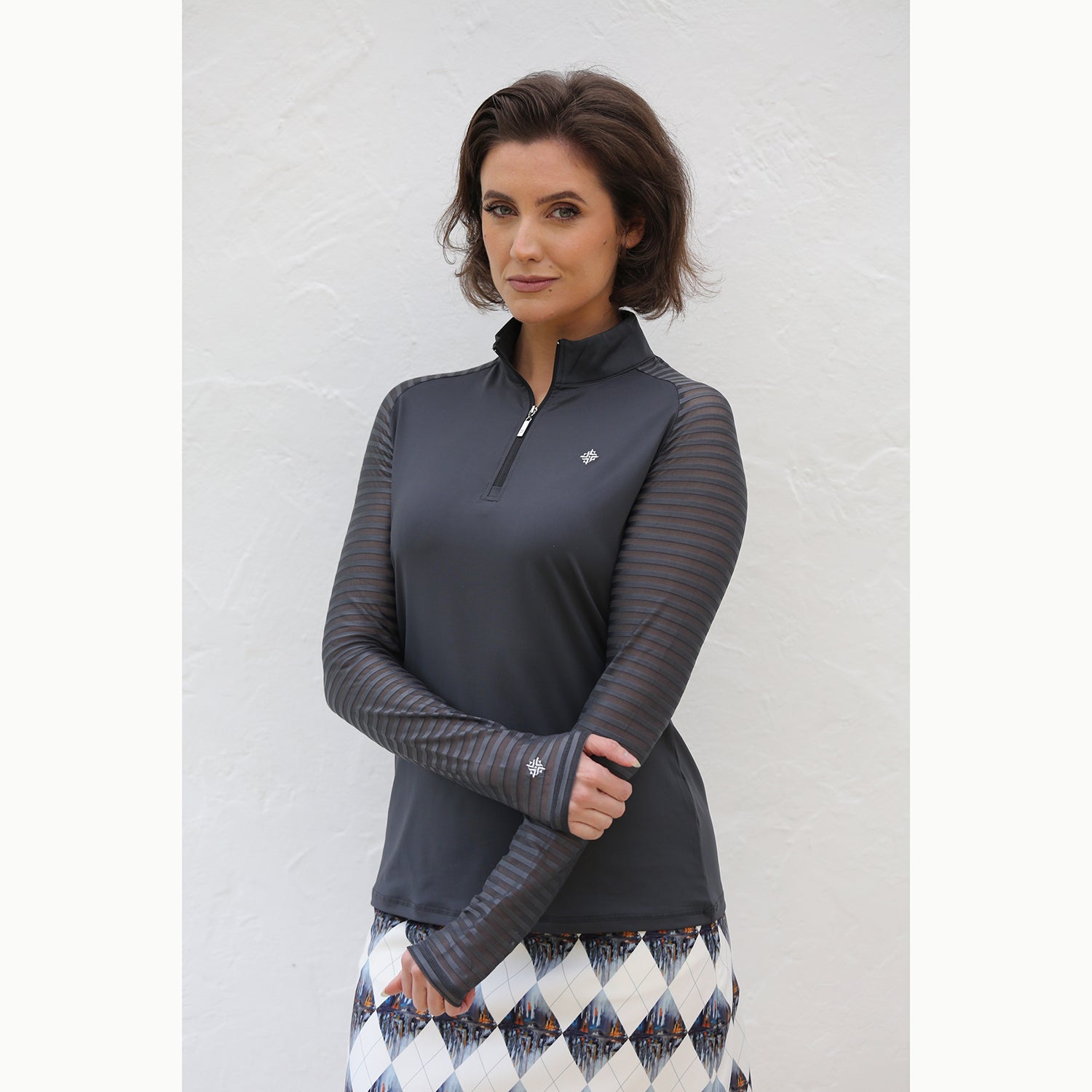 FAMARA Ladies Long Sleeve Charcoal Top with Sheer Striped Sleeves