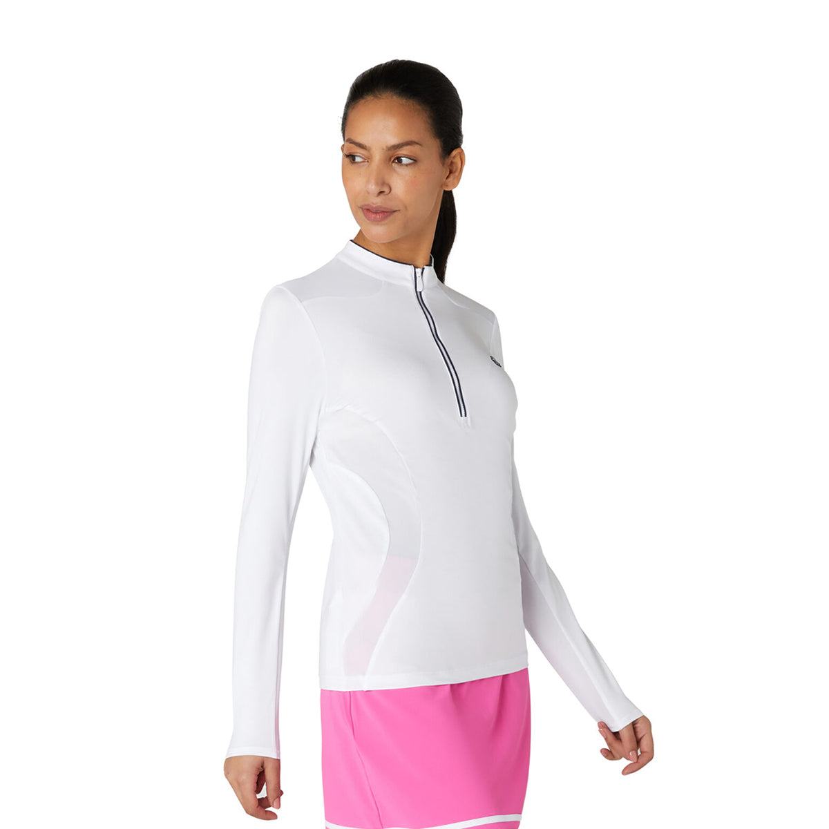 Original Penguin Women's Zip-Neck Top with Mesh Panels in Bright White