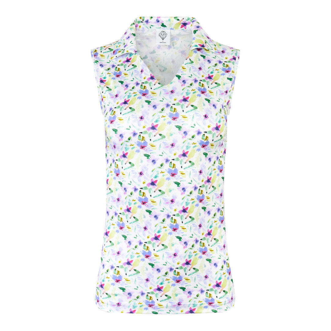 Pure Golf Open V-Neck Sleeveless Polo in Ethereal Bouquet Print