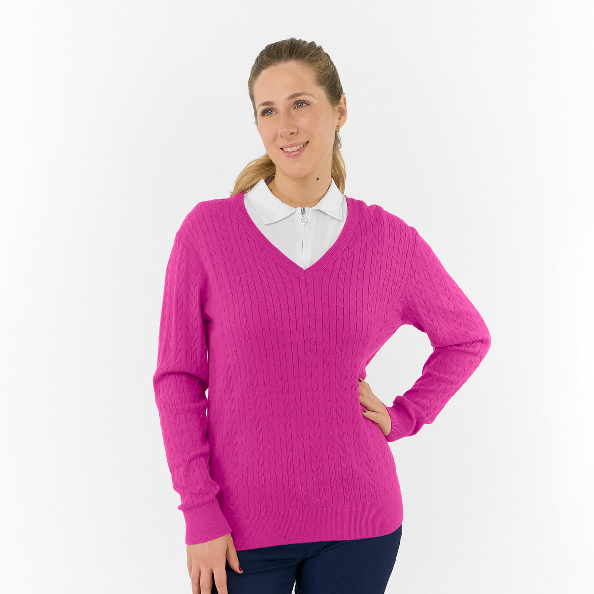 Pure Ladies Cable Knit V-Neck Golf Sweater