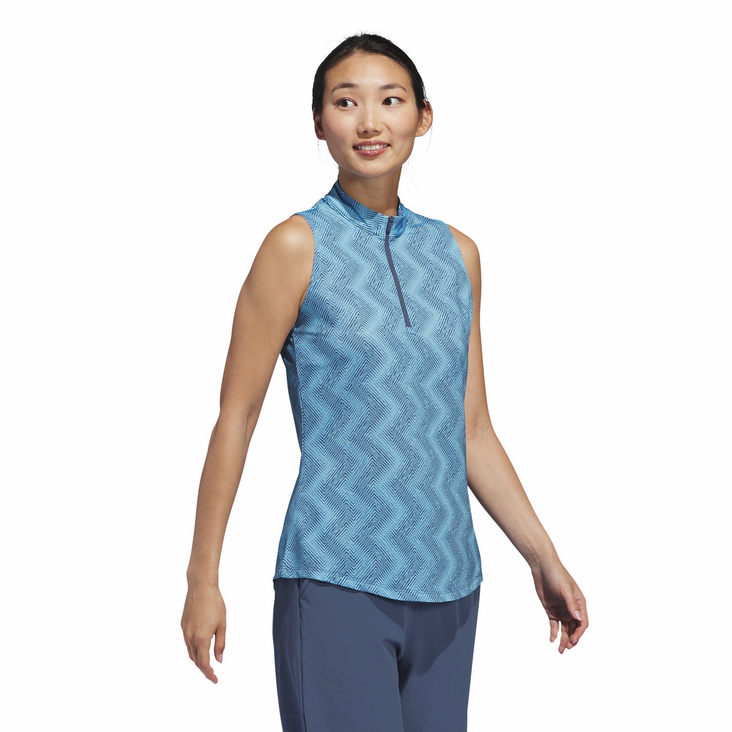 adidas Ladies Sleeveless Golf Polo with Abstract Zig-Zag Print in Semi Blue Burst