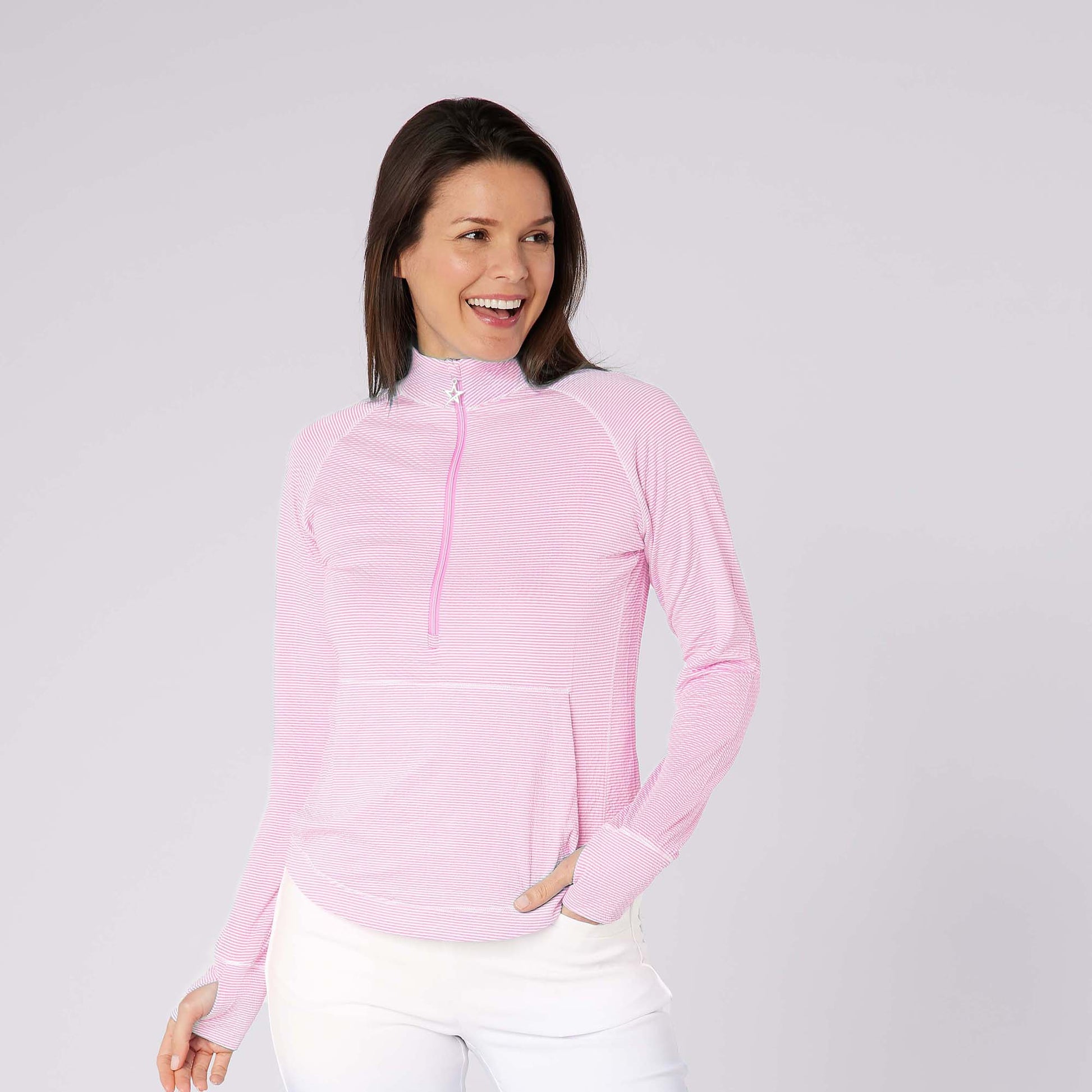 Swing Out Sister Womens Fine Stripe Zip-Neck Top with Front Pocket Great for Range to Course Wear
