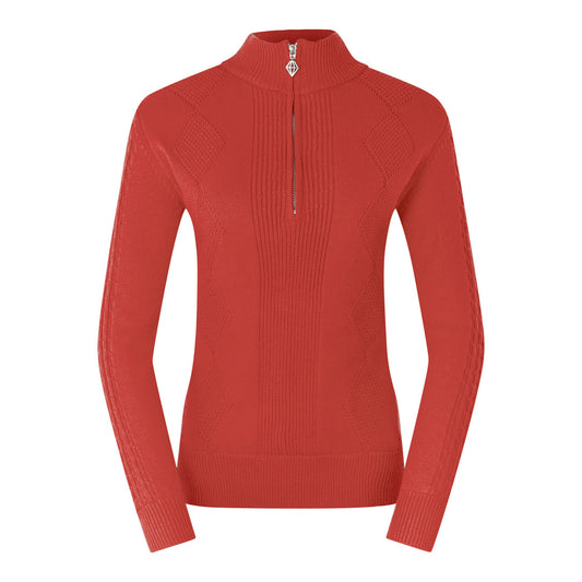 Pure Ladies Cable Knit Lined Quarter Zip Sweater in Orange