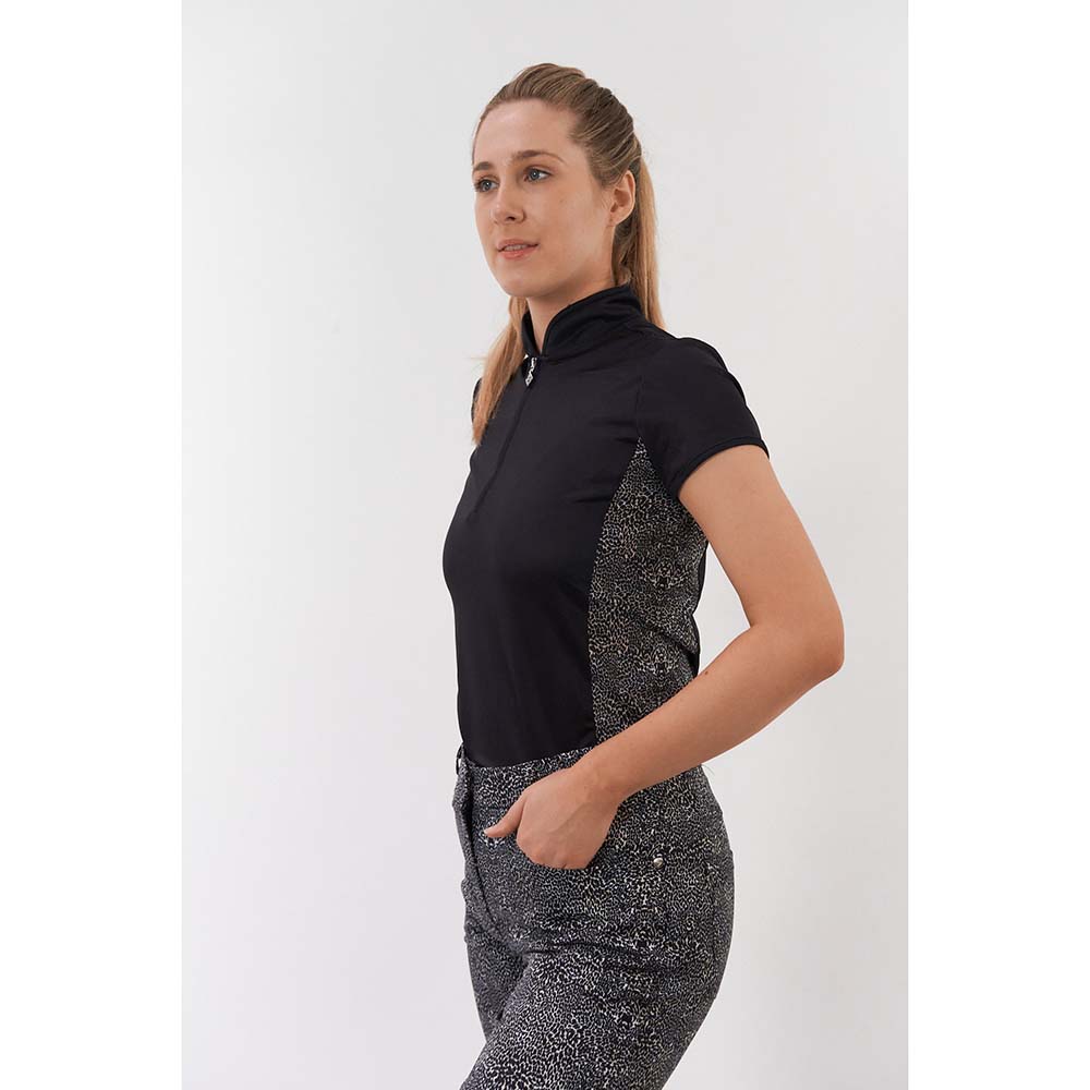 Pure Golf Ladies Black & Cheetah Cap Sleeve Polo Shirt