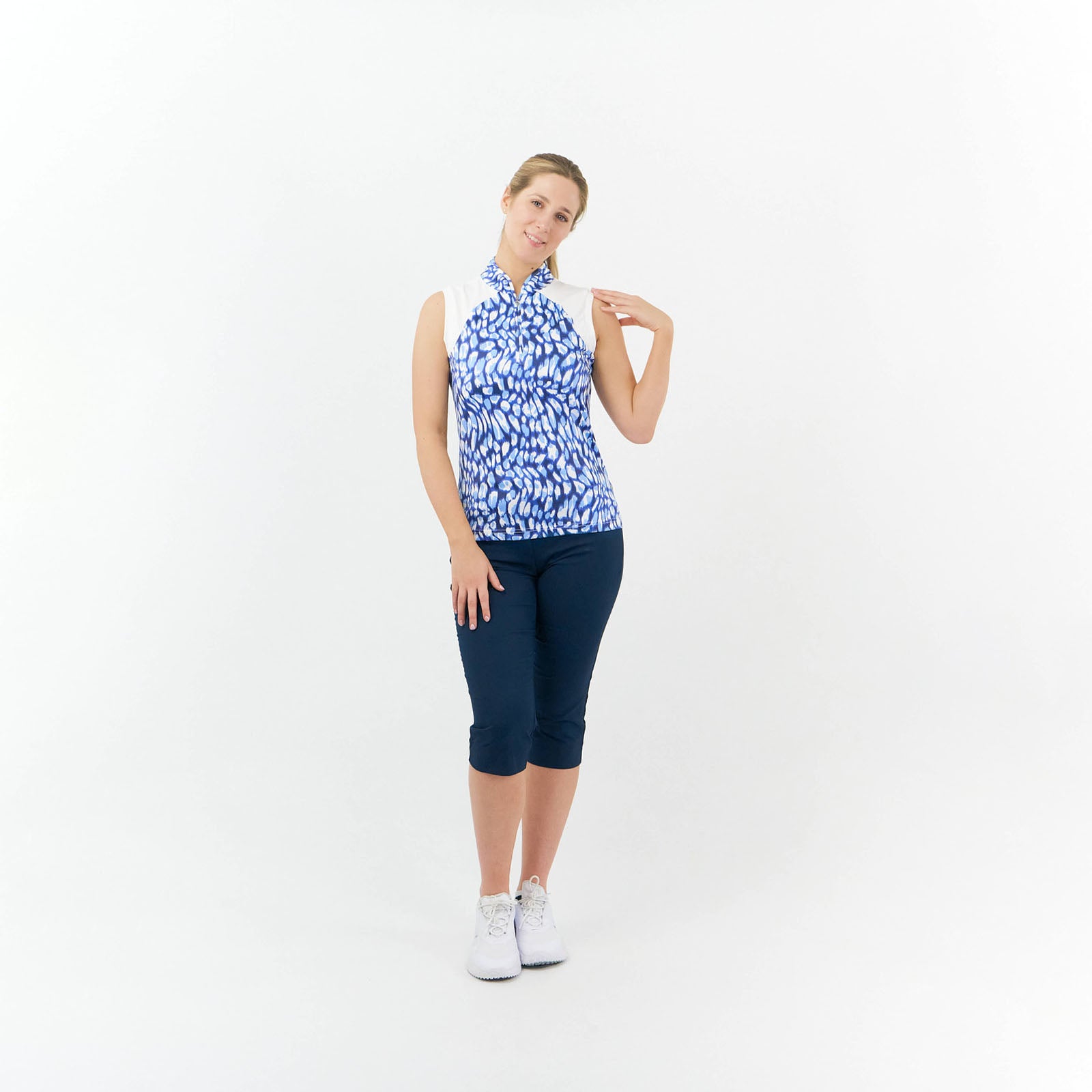 Pure Golf Ladies Sleeveless Zip Neck Top in Leopard Lake