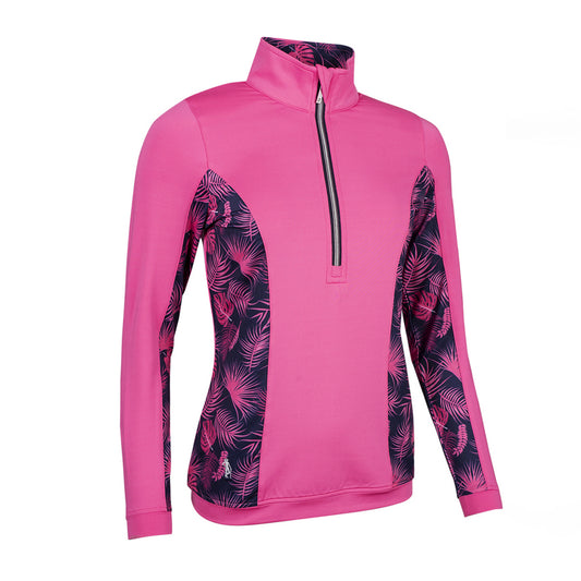 Glenmuir Ladies Lightweight Mid-Layer with Zip-Neck in Hot Pink & Navy Tropical Print