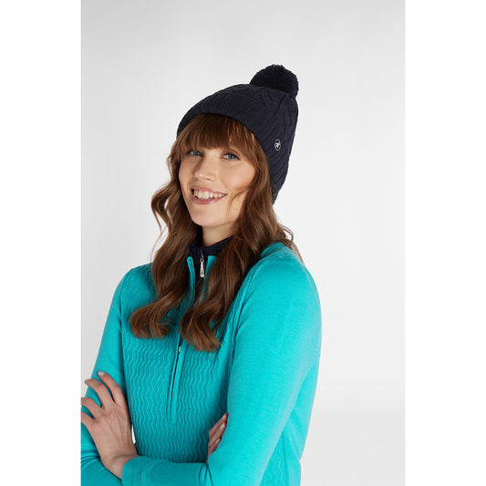 Green Lamb Ladies Fleece Lined Cable Knit Bobble Hat in Navy
