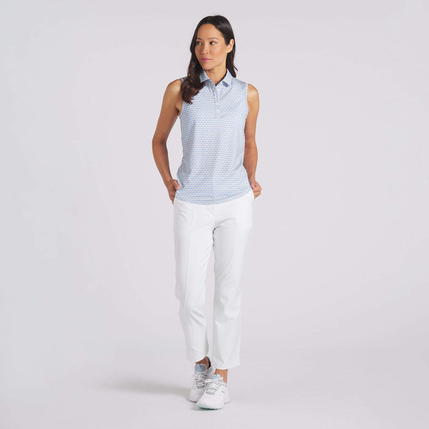 Puma Ladies Sleeveless Polo with MATTR in White Glow-Blue Skies Palm Print