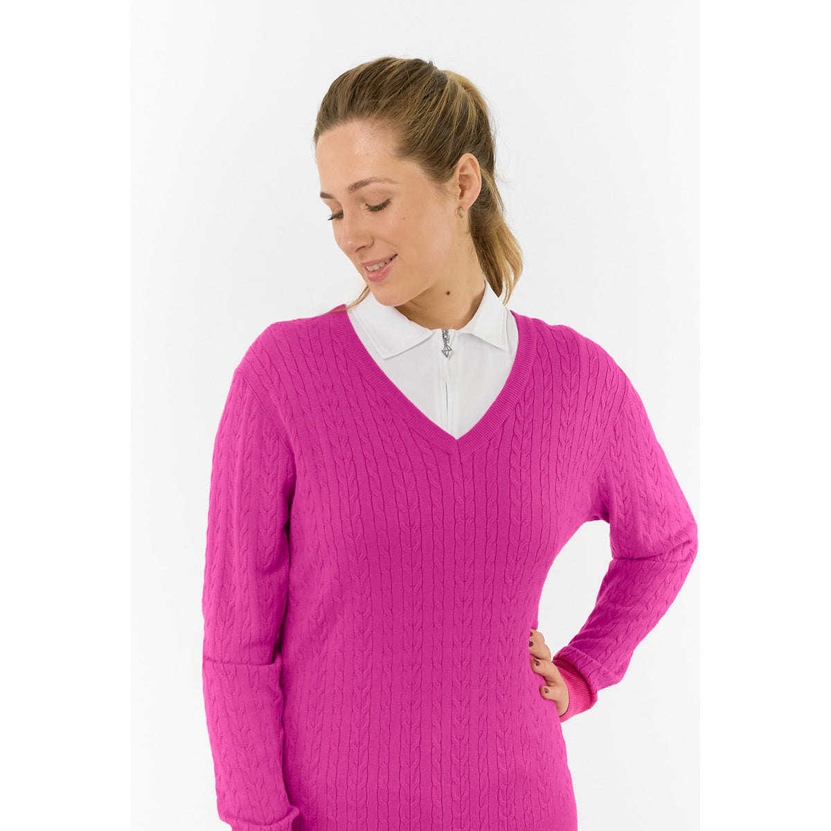 Pure Ladies Cable Knit V-Neck Golf Sweater