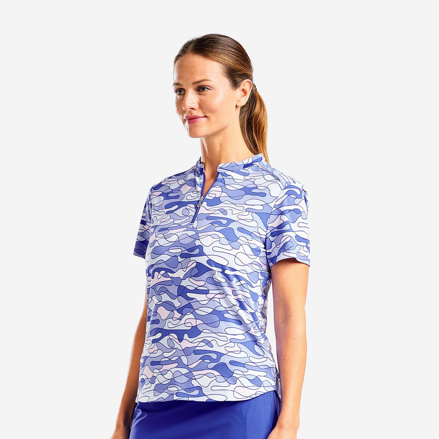 Nivo Ladies Short Sleeve Mock Collar Polo in Abstract Wave Print