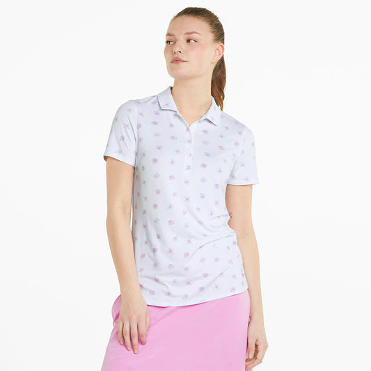 Puma Ladies Cloudspun Garden Golf Polo in Bright White & Mauve Pop