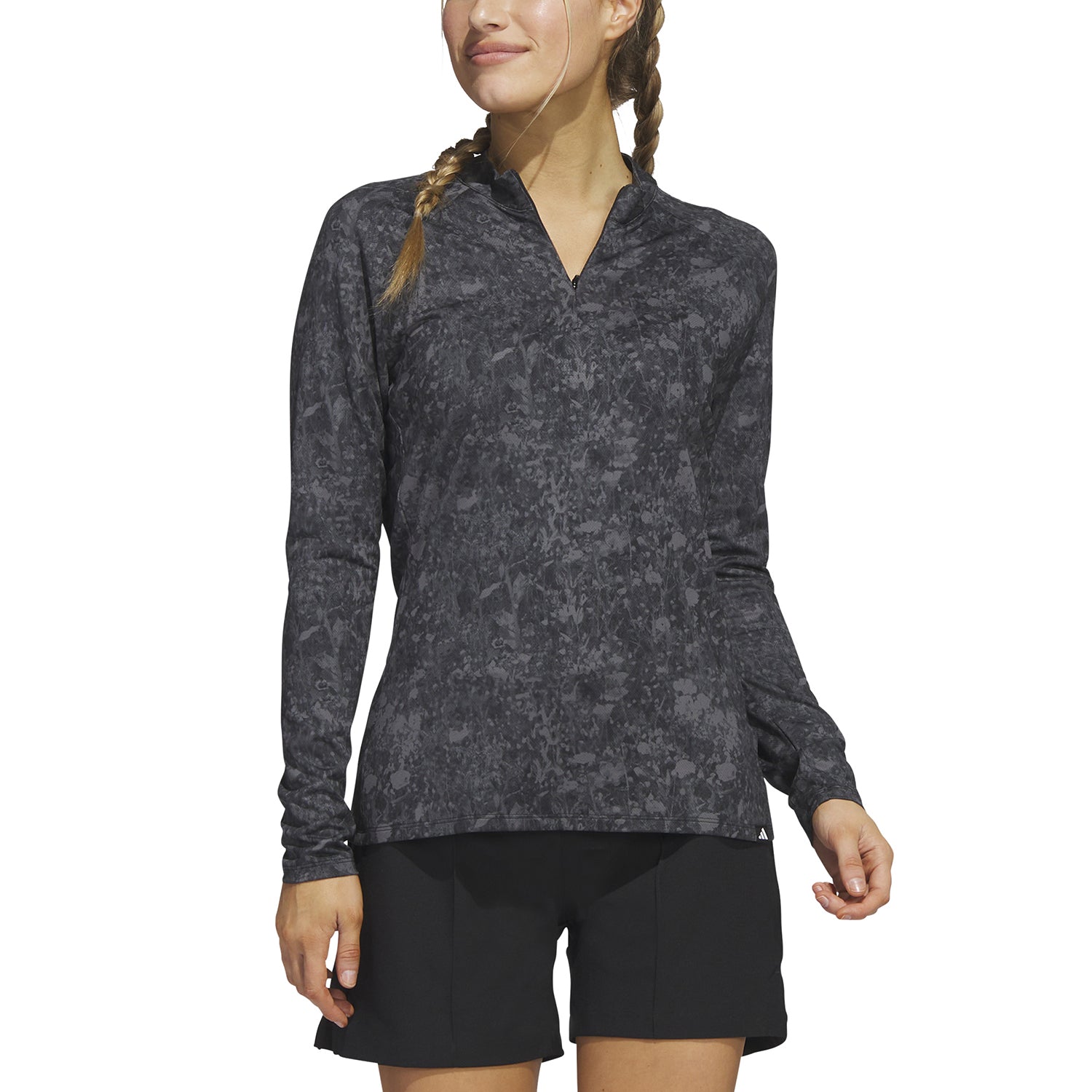 adidas Ladies Long Sleeve Zip-Neck Top with Abstract Print in Black