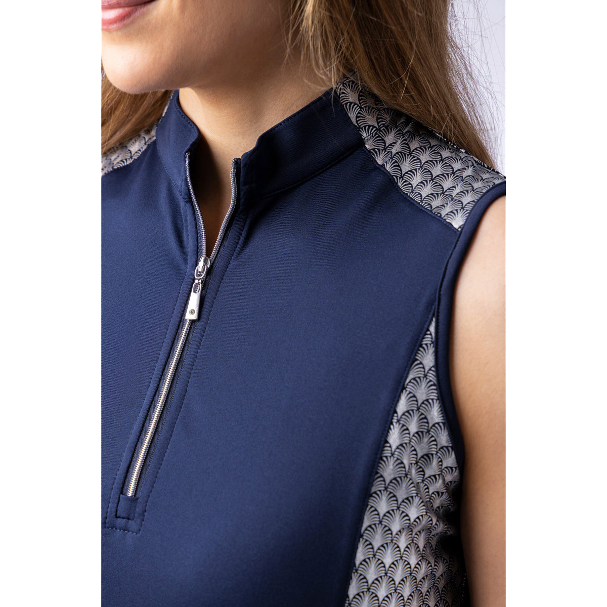 Glenmuir Ladies Sleeveless Polo with Contrast Fan Print Panels in Navy Blue & Silver Foil