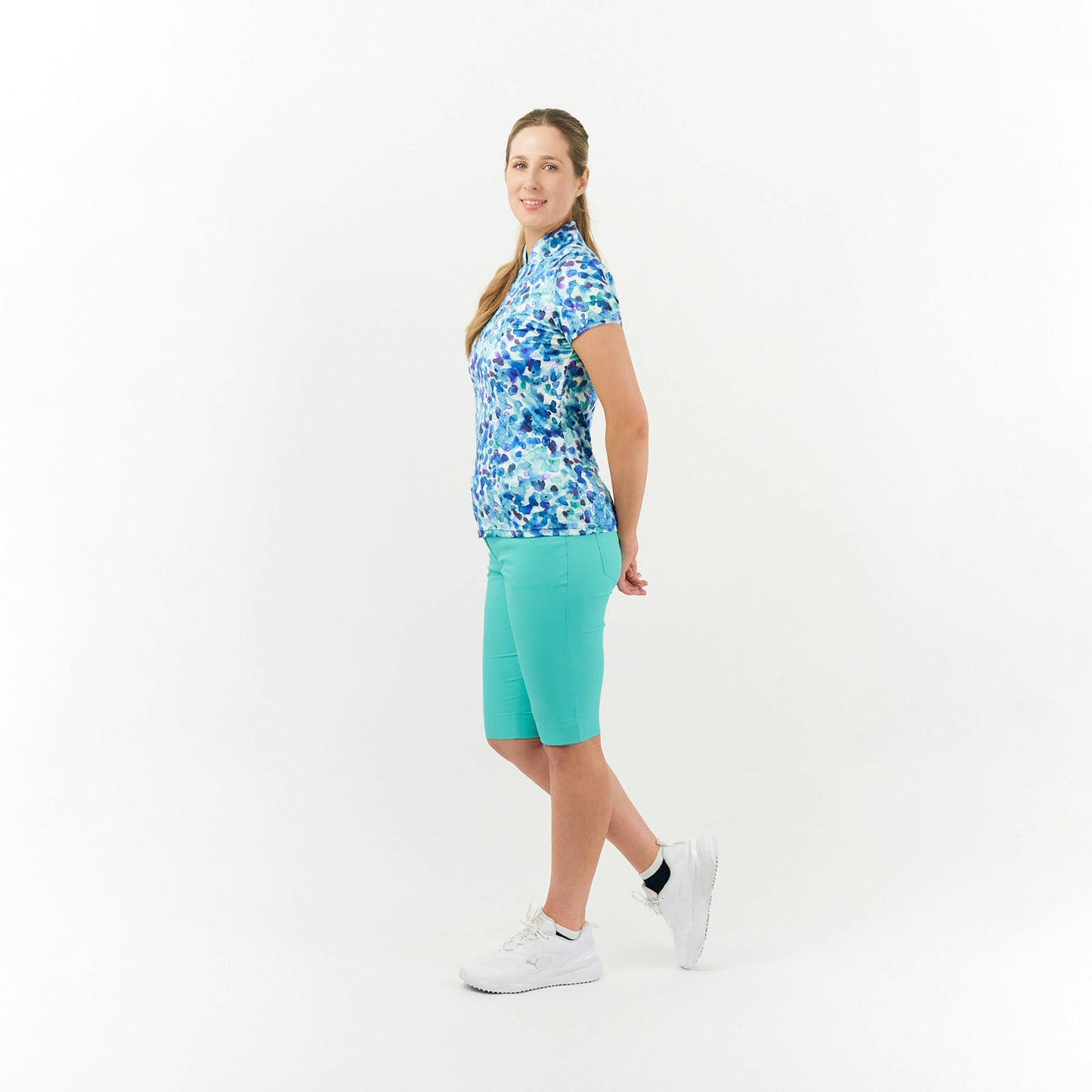 Pure Golf Cap Sleeve Zip Neck Top in Dappled Ocean Print