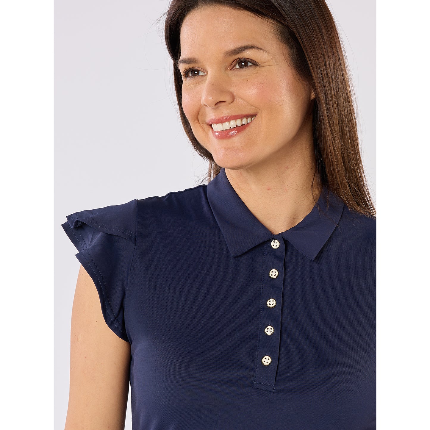 Swing Out Sister Ladies Fluted Sleeve Navy Polo for Elegant Flair On & Off The Course