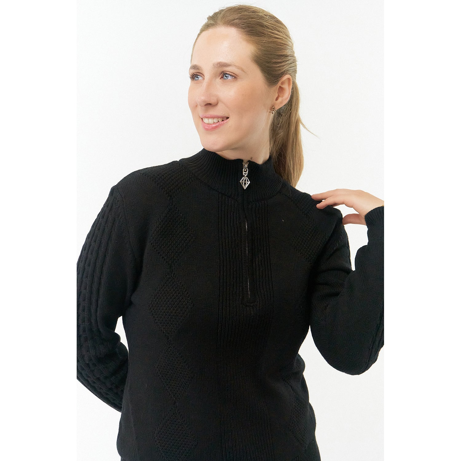 Pure Ladies Lined Zip-Neck Golf Sweater with Cable Knit Design in Black