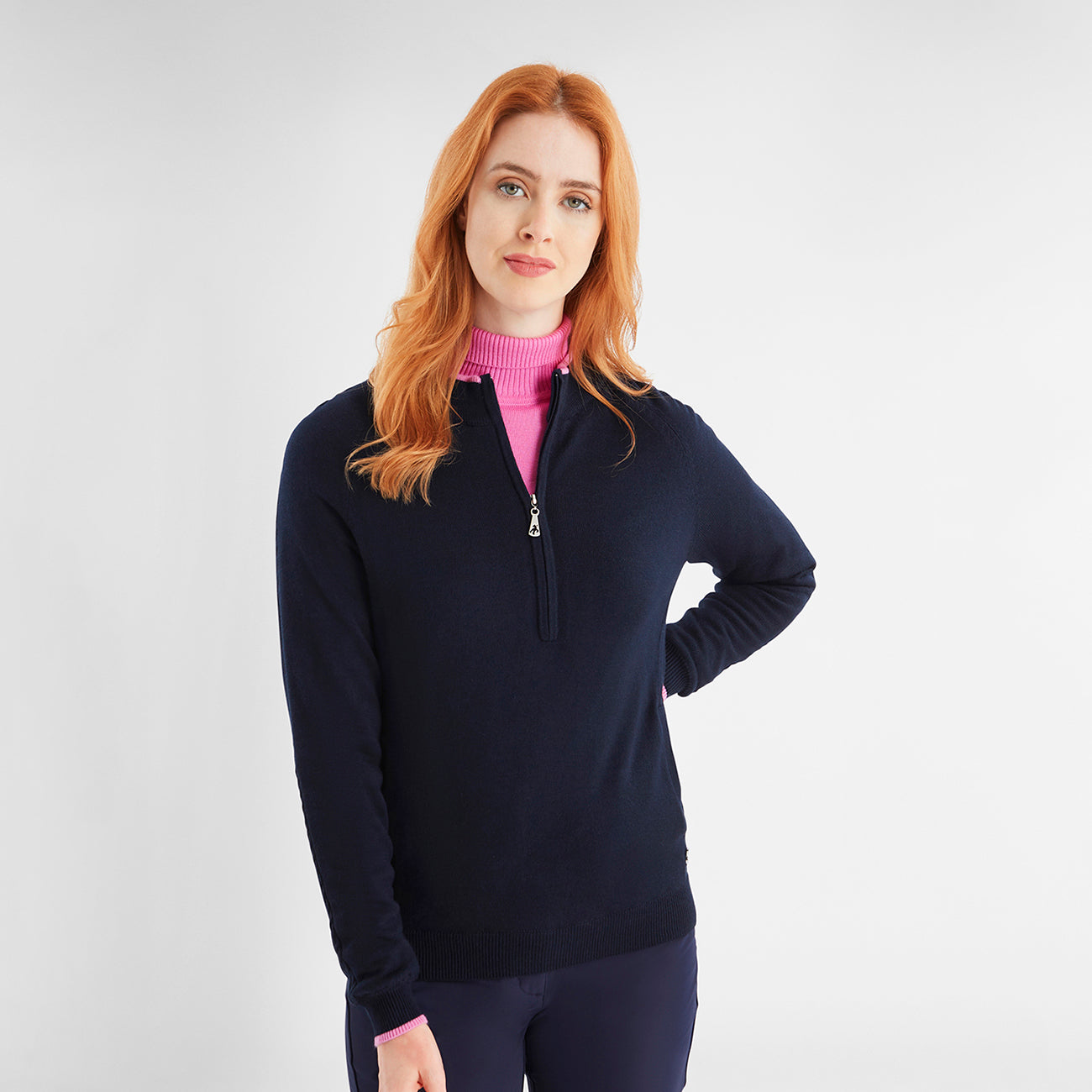 Green Lamb Ladies Cashmere Mix Lined Windstopper Sweater in Navy/Bubble Gum