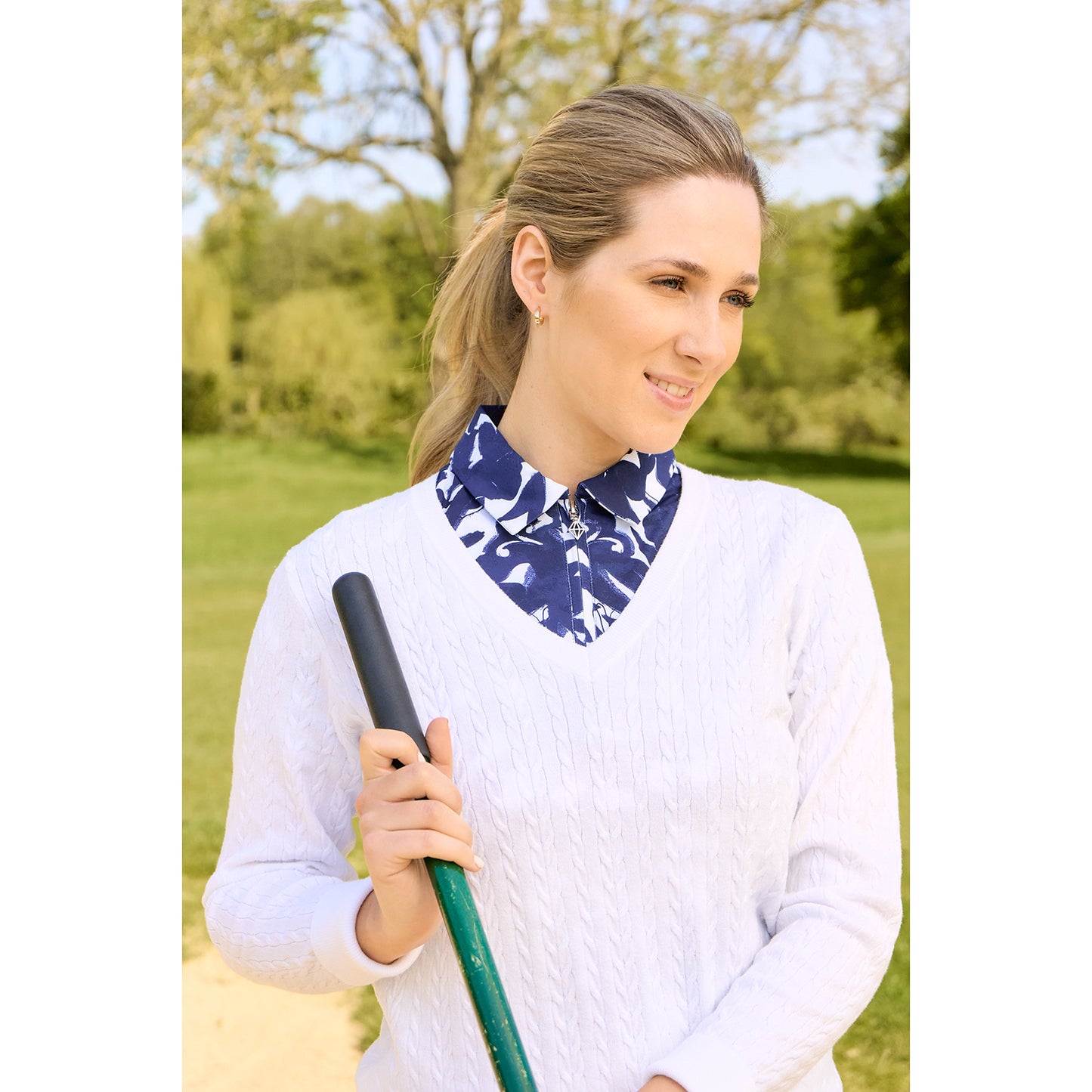 Pure Ladies Cable Knit V-Neck Golf Sweater