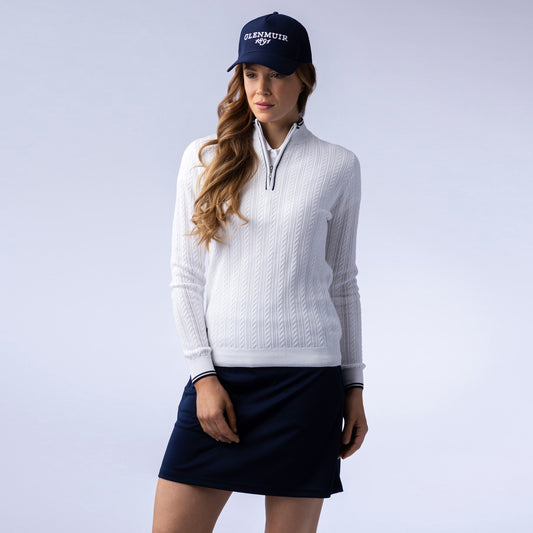 Glenmuir Ladies Cable Knit Sweater in White & Navy