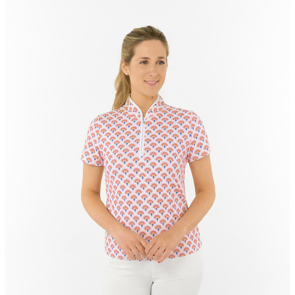Pure Ladies Short Sleeve Polo in Rainbow Geo Print for Confident, Colourful Golfing