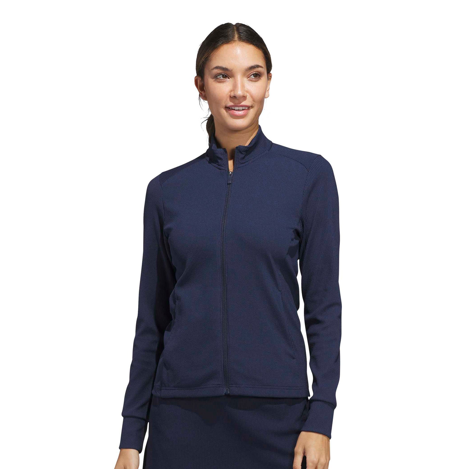 adidas Golf Ladies Navy Full-Zip Textured Jacket - Lightweight Layering for Everyday Wear & On-Course Comfort