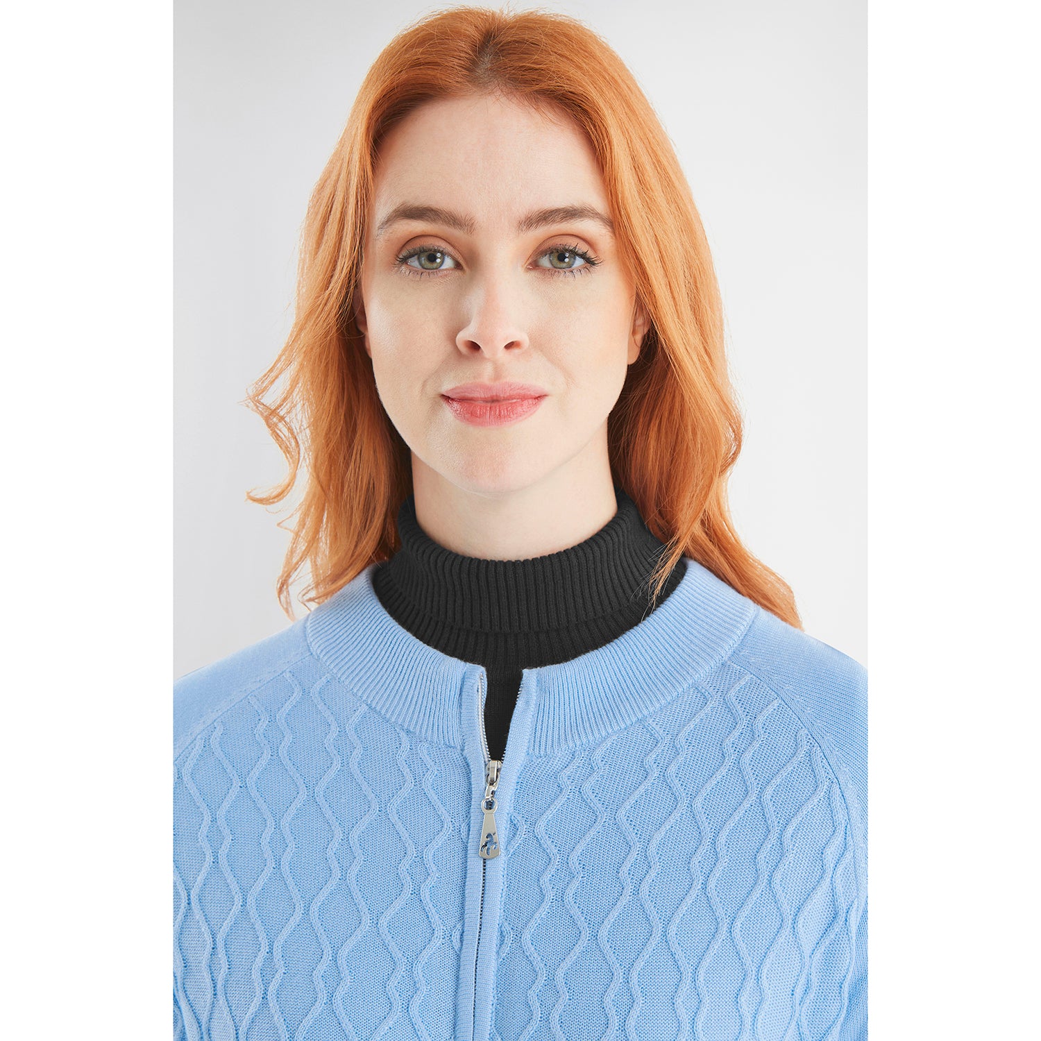 Green Lamb Ladies Lined Windstopper Cardigan with ZigZag Stitch Front Panel in Ice Blue