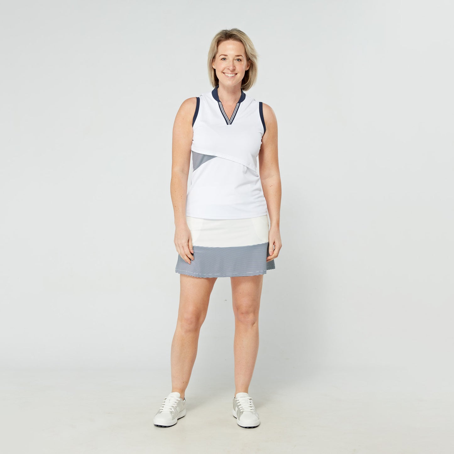 Swing Out Sister Ladies ELITE Sleeveless Polo in White with Navy Stripe