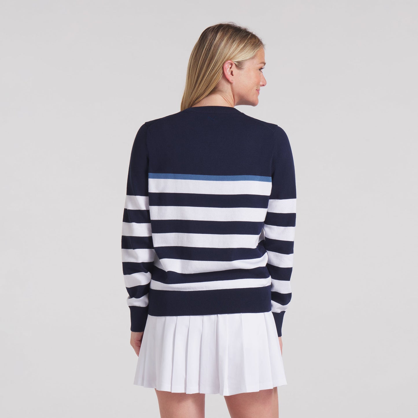 Puma Golf Ladies Crew Neck Stripe Sweater in Navy & White