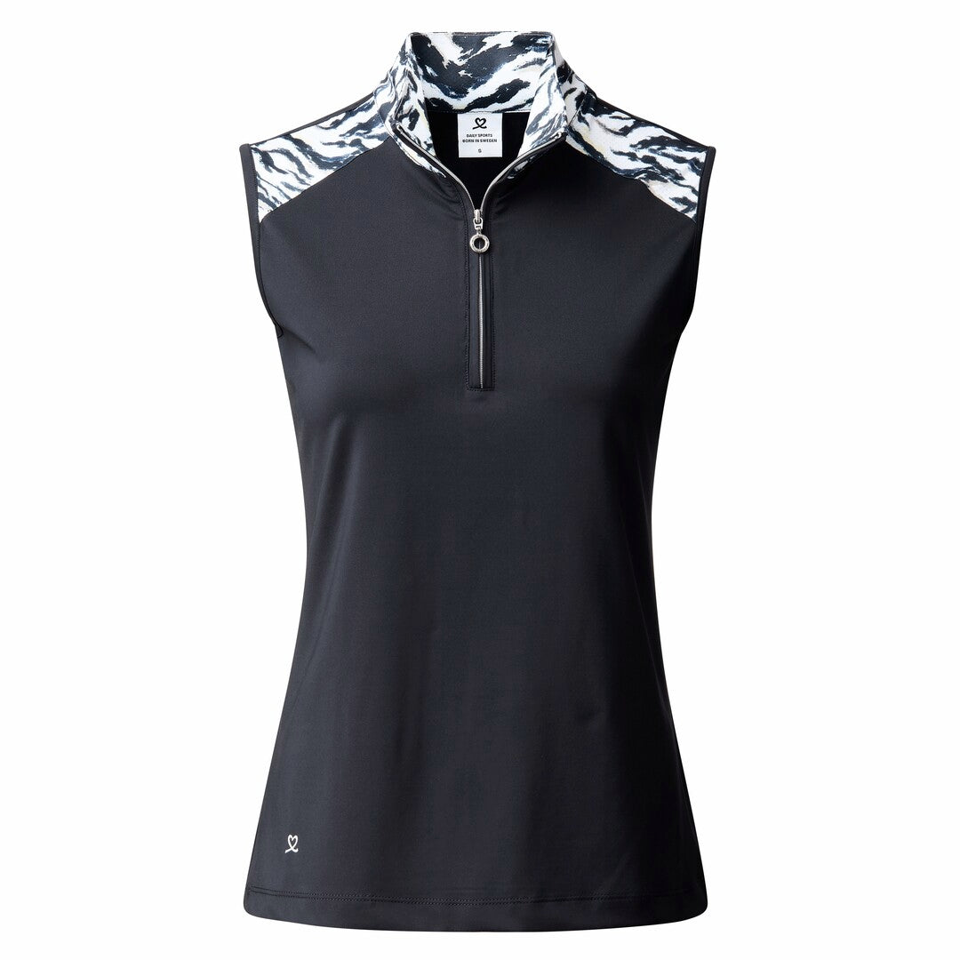 Daily Sports Ladies Animal Print Dark Navy Sleeveless Zip-Neck Golf Polo Shirt