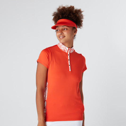 Swing Out Sister Ladies Cap Sleeve Polo with print panels in Luscious Red