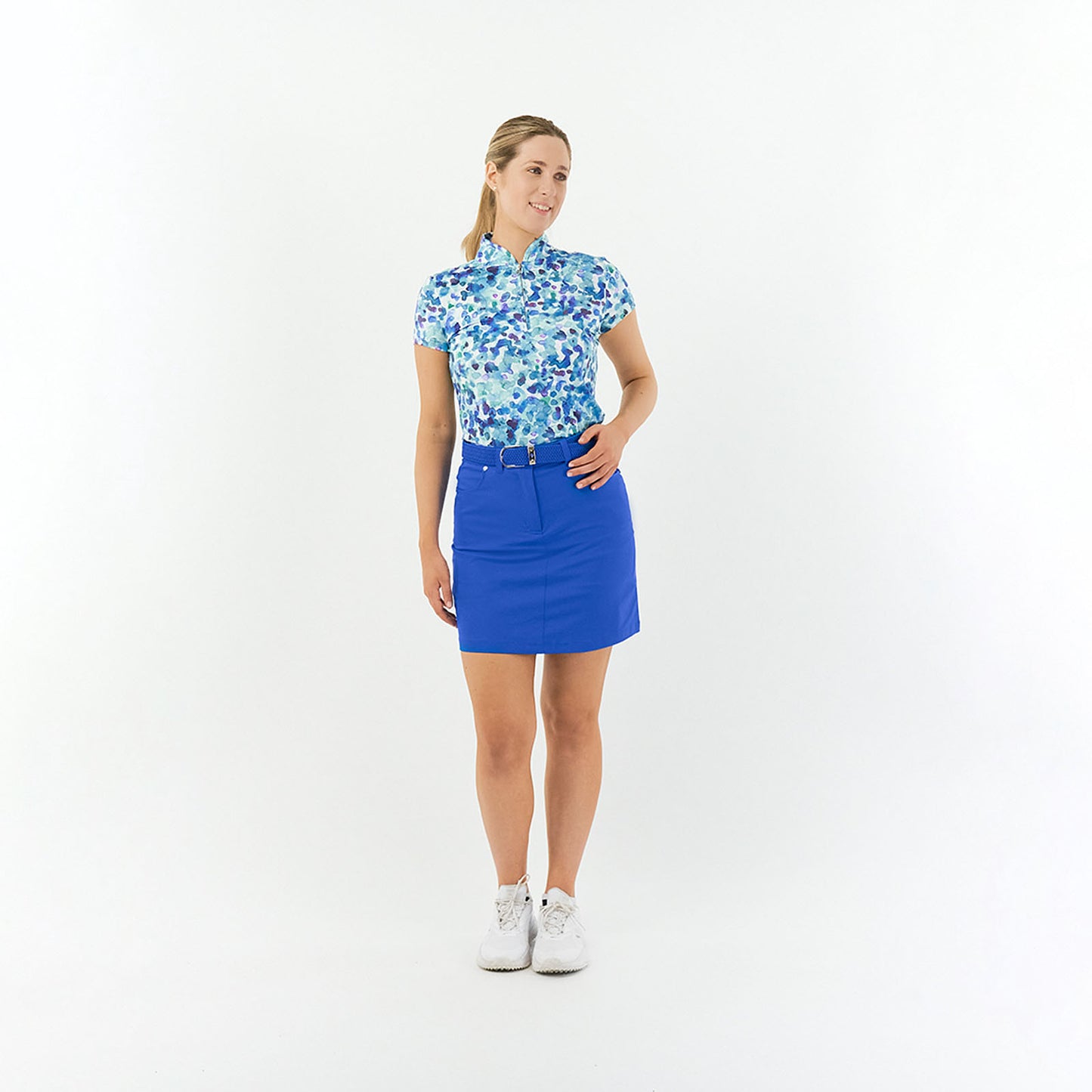 Pure Golf Cap Sleeve Zip Neck Top in Dappled Ocean Print