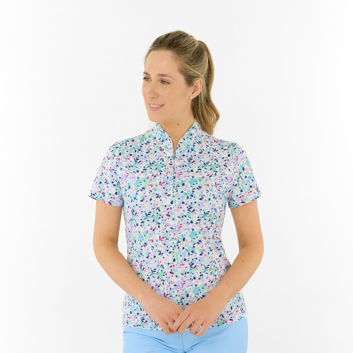 Pure Ladies Short Sleeve Polo in Multi-Coloured Print for Colourful Performance & Effortless Chic